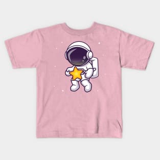 Cute Astronaut Catching Star In Space Cartoon Kids T-Shirt